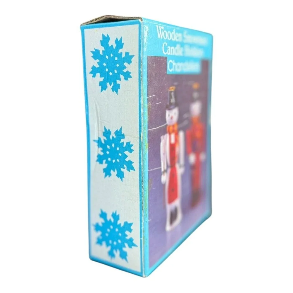 Vintage Wooden Snowmen Candle Holders w Box Christmas Decor